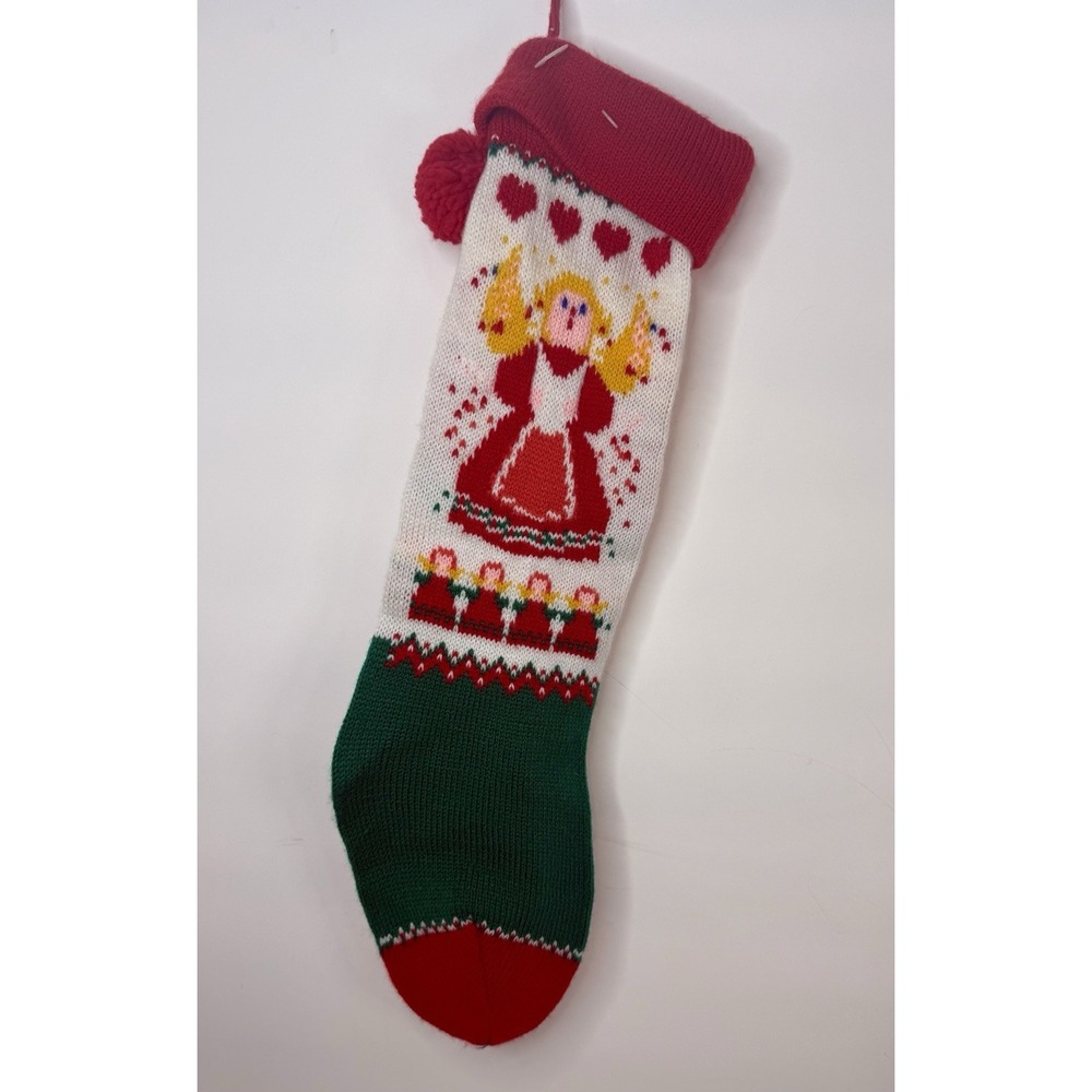Vintage Angel Hand Knit Christmas Stocking Red‎ Green 19" Hearts Cottagecore
